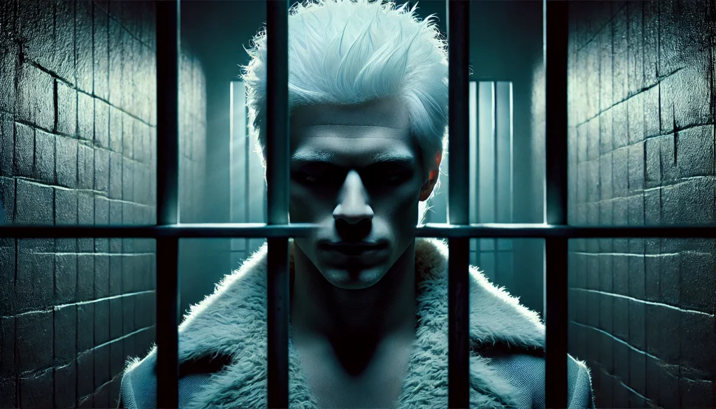 白髪の殺人鬼が独房の中で冷たい表情を浮かべ、狂気と静寂が交錯する日本の刑務所内の心理描写シーン
