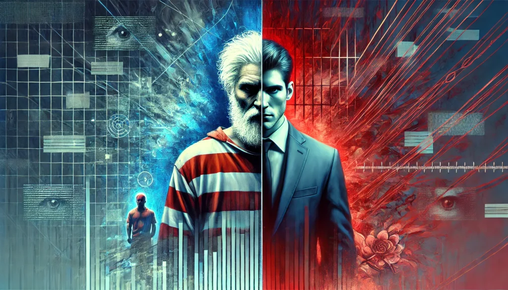 刑事と白髪の殺人鬼が対峙する抽象的な背景の中で、青と赤に分かれた世界が精神的な対立と共依存を象徴する構図