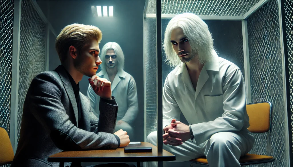 白髪の連続殺人鬼と刑事が面会室のガラス越しに対峙し、緊張感あふれる空気が漂う日本の刑務所内の一場面