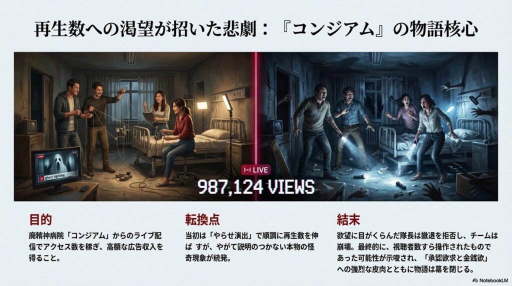 ライブ配信の再生回数稼ぎを目的にした若者たちが、やらせ演出から本物の怪奇現象に巻き込まれ崩壊していく物語の図解。