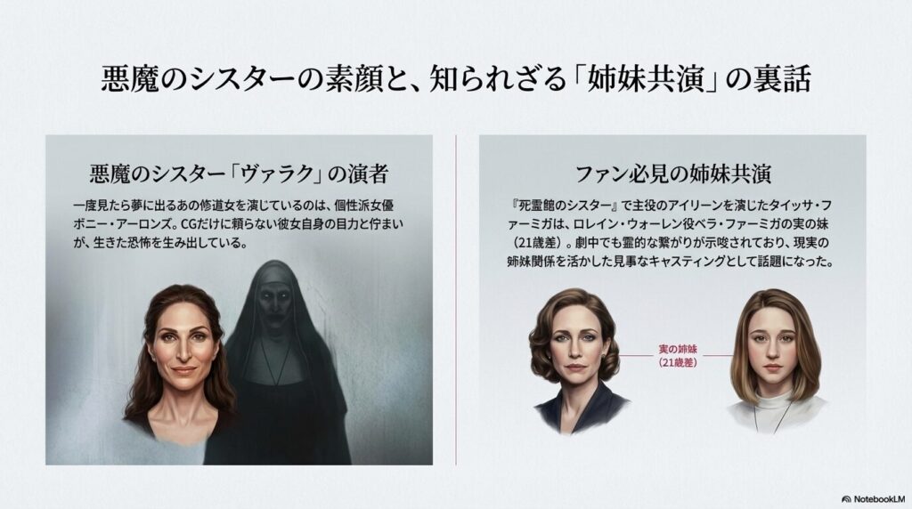 : 悪魔のシスター（ヴァラク）を演じたボニー・アーロンズの素顔と、ロレイン役ベラ・ファーミガの実妹タイッサ・ファーミガの共演情報。